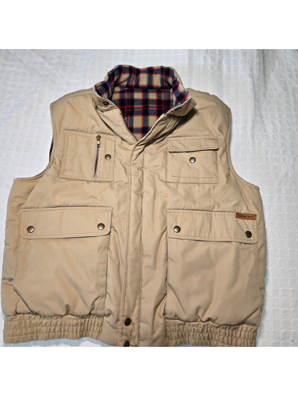 Vintage Current Seen Reversible Utility Vest Tan Canvas Plaid Lined Men's XL / L